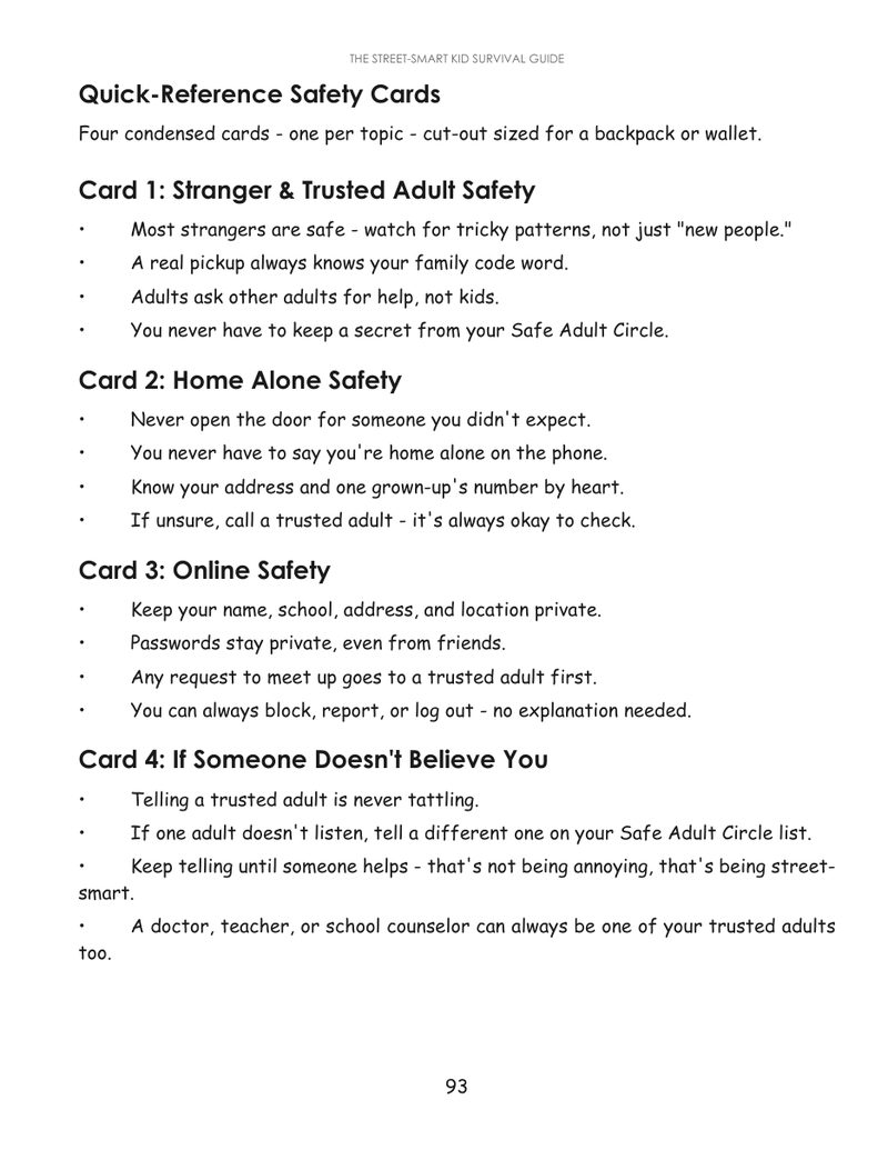 Quick-Reference Safety Cards page with four cut-out safety cards