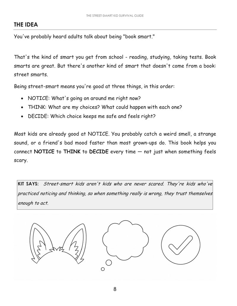 Chapter 1 lesson page explaining Notice, Think, Decide with a Kit Says tip
