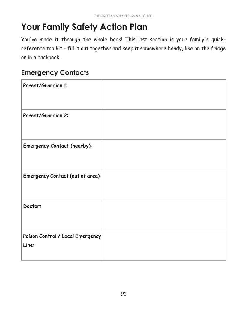 Family Safety Action Plan page with emergency contact fields