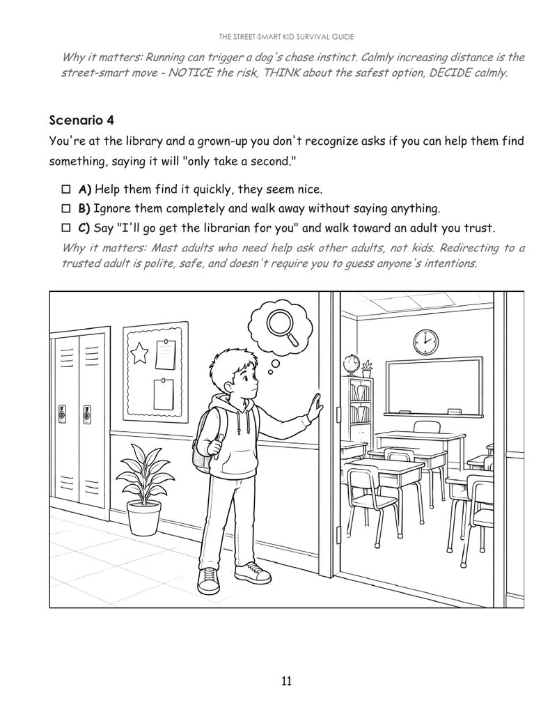 Scenario page with multiple-choice answers and an illustration of a boy at a library door